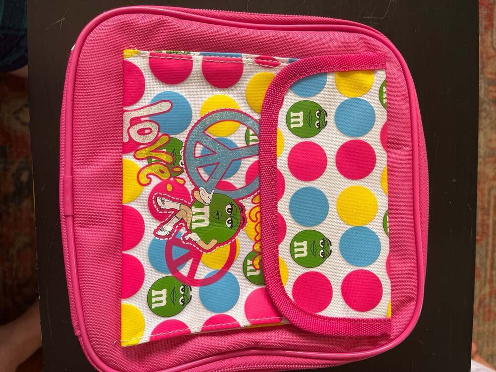 Vintage M&M's World Pink Peace Love Green Character Insulated Lunch Box Bag